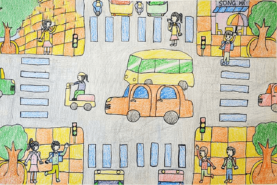 Học sinh tiểu học vẽ tranh tuyên truyền an toàn giao thông